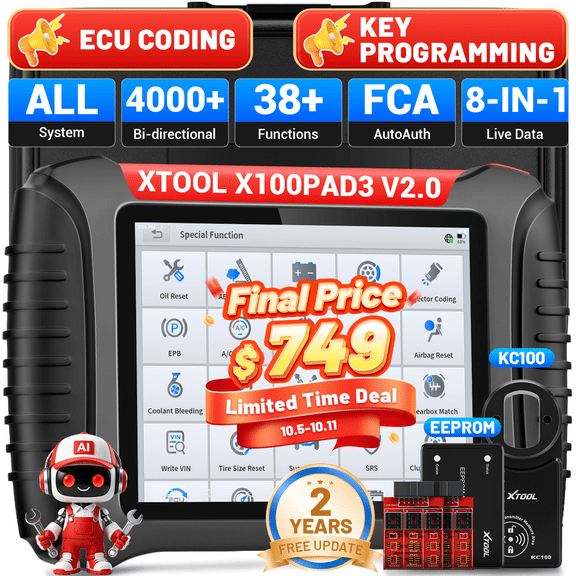 XTOOL X100 Pad 3 Automotive Key Fob Programmer with KC100, AI-Assisted OBD2 Scanner Bi-Directional Scan Tool, ECU Cod-ing, 38 Services, 2-Year Free Update