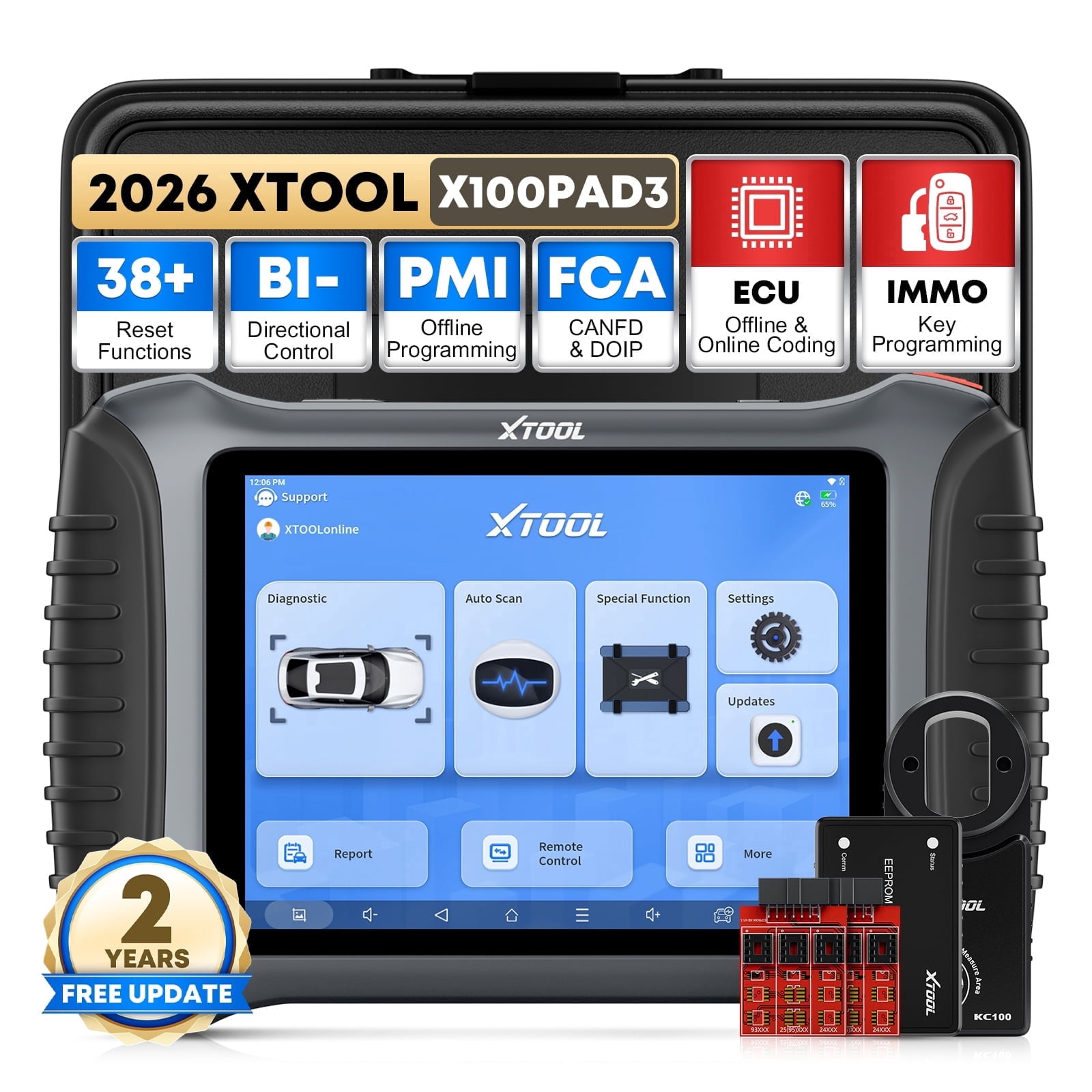 XTOOL X100 Pad 3 Automotive Key Fob Programmer with KC100, AI-Assisted OBD2 Scanner Bi-Directional Scan Tool, ECU Cod-ing, 38 Services, 2-Year Free Update
