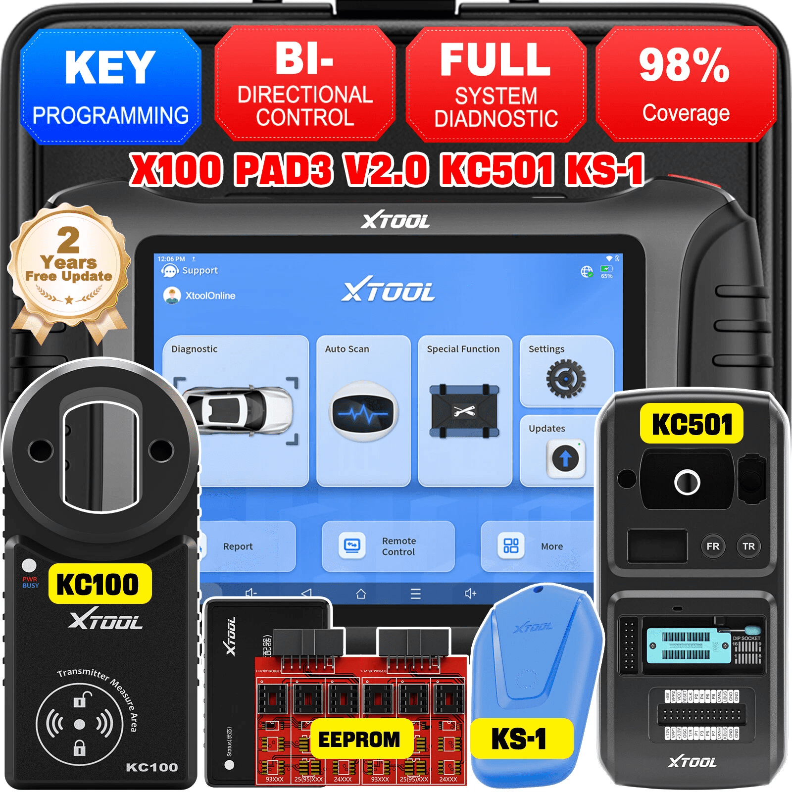 XTOOL X100 Pad 3 Automotive Key Fob Programmer with KC501 KS-1, AI-Assisted OBD2 Scanner Bi-Directional Scan Tool, ECU Cod-ing, 38 Services