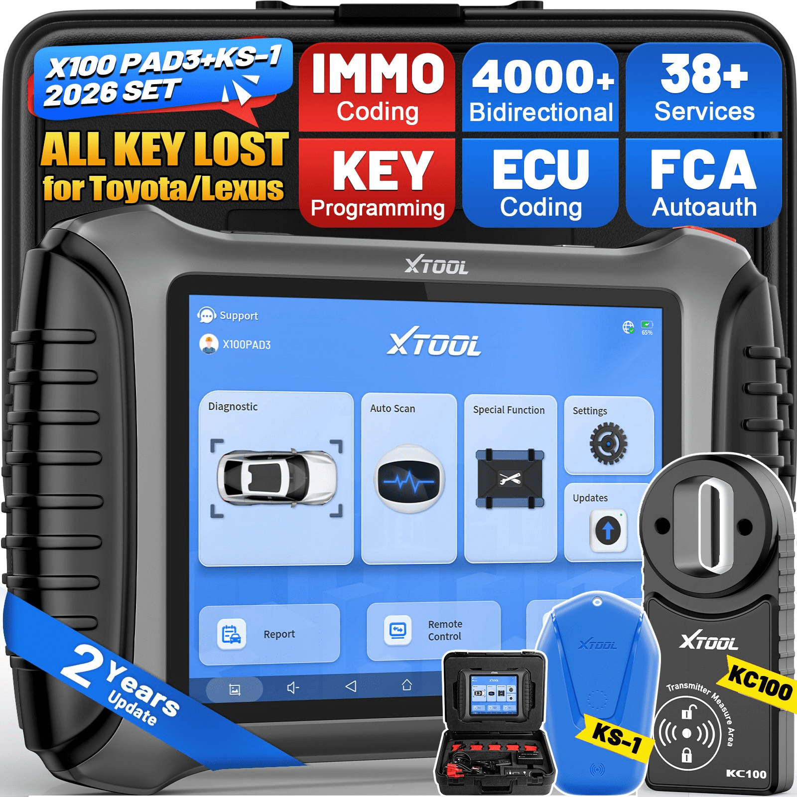 XTOOL X100 Pad 3 + KS-1 Automotive Key Fob Programmer, AI-Assisted OBD2 Scanner Bi-Directional Scan Tool, ECU Cod-ing, 38 Services