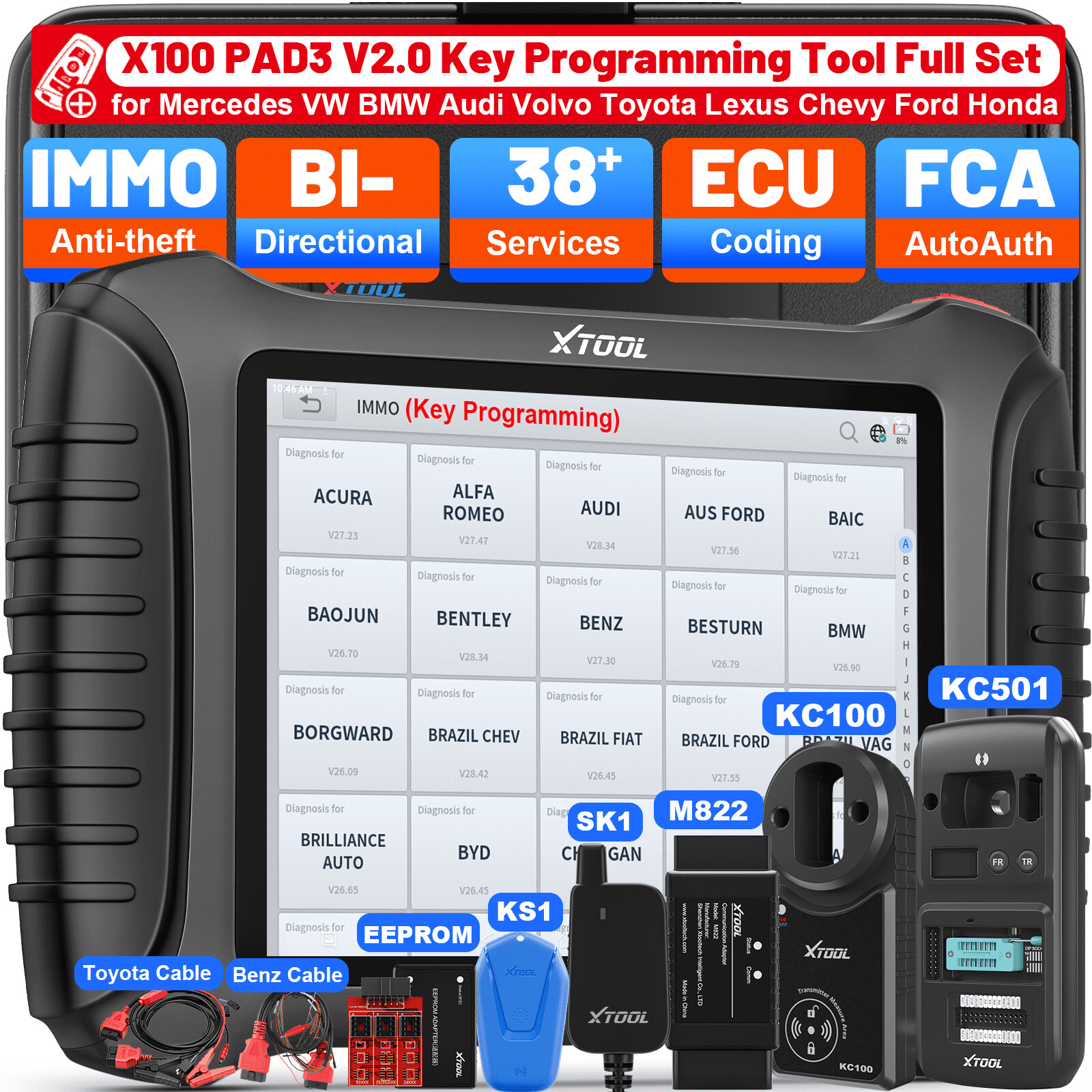 XTOOL X100 Pad 3 Key Fob Programmer Full Set, AI-Assisted OBD2 Scanner Bi-Directional Scan Tool, ECU Cod-ing, 38 Services