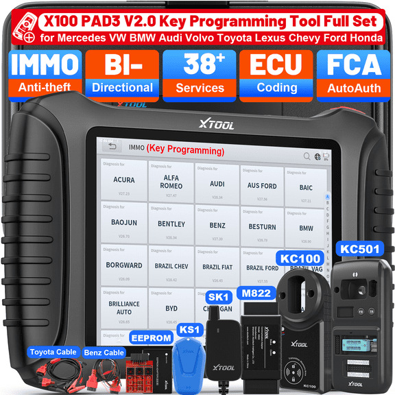 XTOOL X100 Pad 3 Key Fob Programmer Full Set, AI-Assisted OBD2 Scanner Bi-Directional Scan Tool, ECU Cod-ing, 38 Services