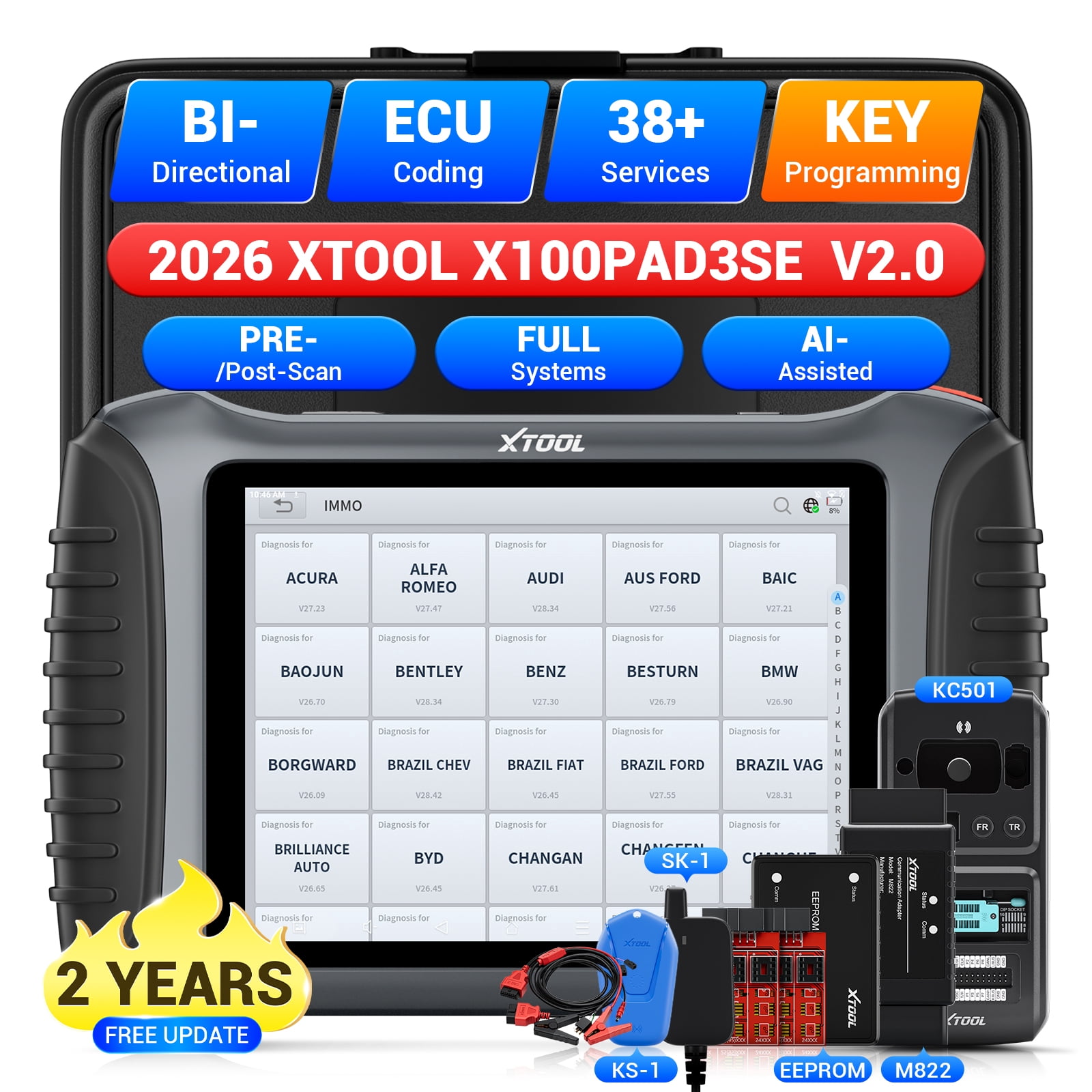 XTOOL X100PAD3 SE V2.0 Key Fob Programmer Full Set All System OBD2 Scanner Bi-Directional Scan Tool 38 Services IMMO 2-Year Free Update
