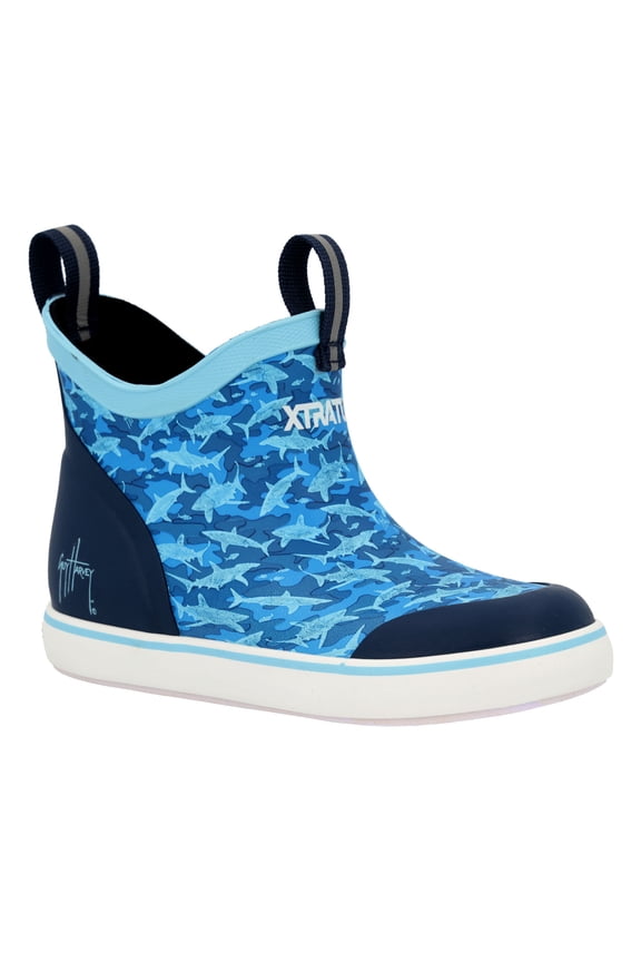 Big Kids ADB Guy Harvey 4in Ankle Deck Boots, Color: Tropical Blue/Shark Camo, Size: 7