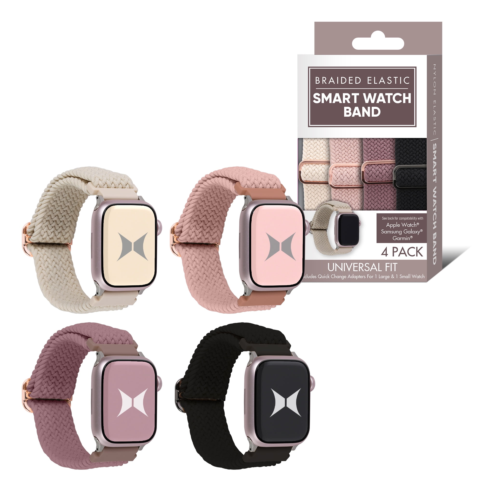 Xtreme Braided Elastic Smart Watch Band 4-Pack Universal Fit, Adjustable, Compatible with Apple Watch, Samsung Galaxy and Garmin, Lightweight, Durable