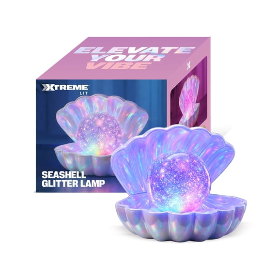 Xtreme Lit Seashell Glitter Lamp, RGB Color Changing LED Night Light with 8 Color Modes, Pearl Shell Decorative Bedroom Lamp, USB or Battery Powered