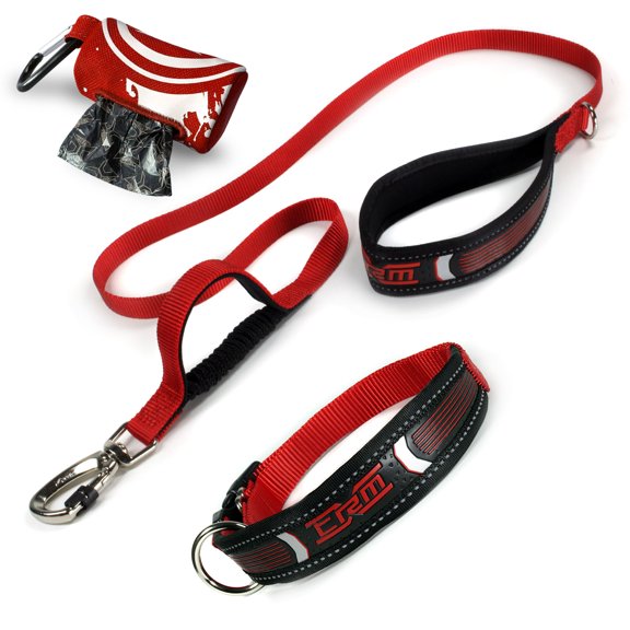 XTRM Dog Leash Collar Set - Heavy Duty Patented Lock, Padded Collar Polyester Long Dog Leashes with Reflective Sports Grip Handle, Dog Poop Dispenser for Small Medium Large Dogs - L,Fiery Red
