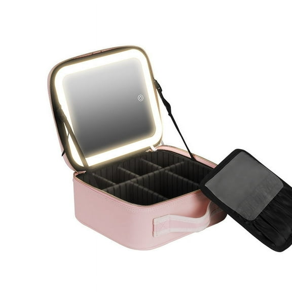 XUANMAI Travel Makeup Case with LED Lighted Mirror 3 Lighting Modes, Adjustable Dividers & Brush Storage, Portable Cosmetic Organizer for Women, Pink