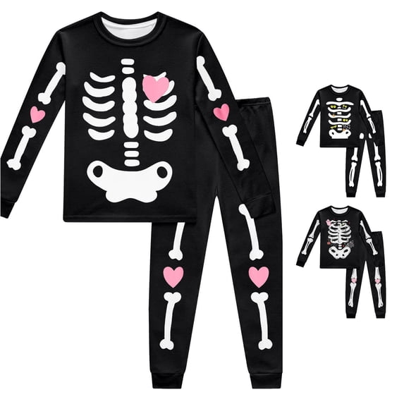 XUANTAOO Boys Girls Two Piece Heart Skeleton Print Halloween Set Crew Neck Long Sleeve Top with Jogger Pants Soft Loungewear for Kids 7-8 Years