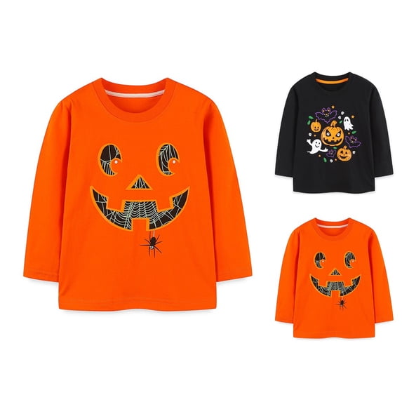 XUANTAOO Halloween Shirt for Kids Funny Pattern 2-Orange Long Sleeve Pumpkin Ghost Print Tee 3-4 Years Girls Boys Clothes