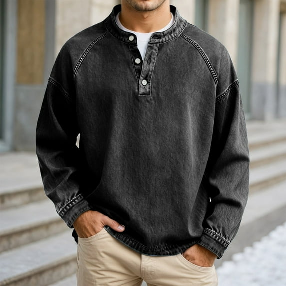 XUANTAOO Men T Shirts Long Sleeve Button Down Crewneck Henley Shirts Lightweight Black T-Shirts with Button Gym Shirts Men