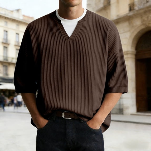 XUANTAOO Men Tshirt Short Sleeve Corduroy Crewneck Henley Shirts Loose Fit Brown Tshirt Workout Shirts for Men