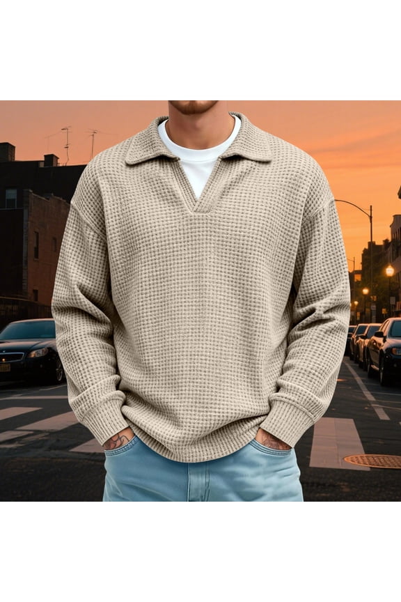 Mens Polo Shirts Long Sleeve Crew Neck Waffle T Shirts Basic Khaki Men Shirts Casual