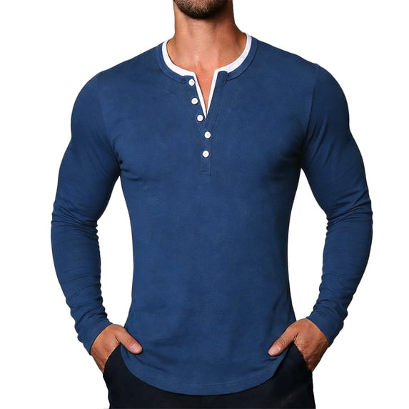 XUANTAOO Mens T-Shirts Long Sleeve Button Down Crewneck Henley T-Shirt Lightweight Blue Button Up Shirt Workout Shirts for Men