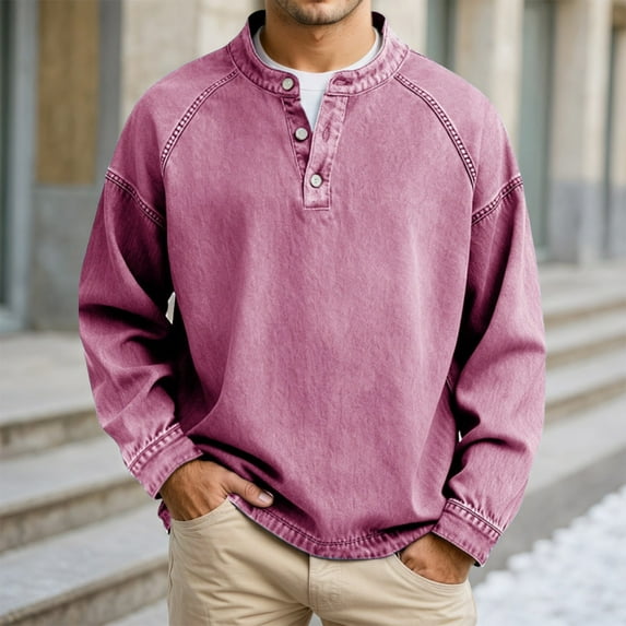 XUANTAOO Mens Tshirt Long Sleeve Button Down Crew Neck Henley Shirts Loose Fit Red Tshirt with Button Gym Shirts Men