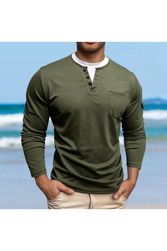 Mens Tshirts Long Sleeve Button Down Crewneck Henley Shirts Lightweight Green Tee Shirt with Button Mens Fashion Clothing