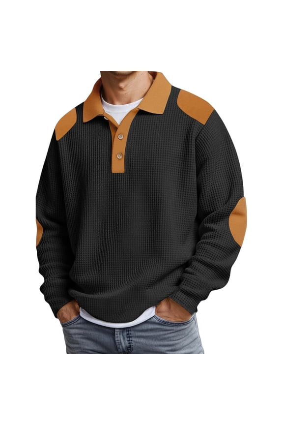 Polos for Men Long Sleeve Button Down Waffle Shirts Basic Black Mens Casual Shirt