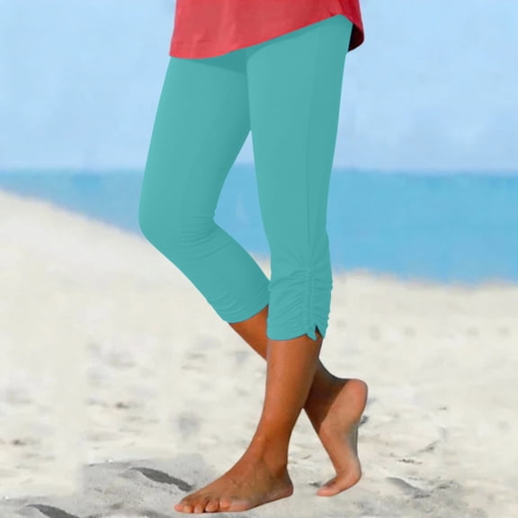 XUANTAOO Women Capri Leggings 2026 Casual Elastic Design Knee Length Legging Summer Cropped Pants Lightweight Summer Pants Women Sky Blue Leggings For Women