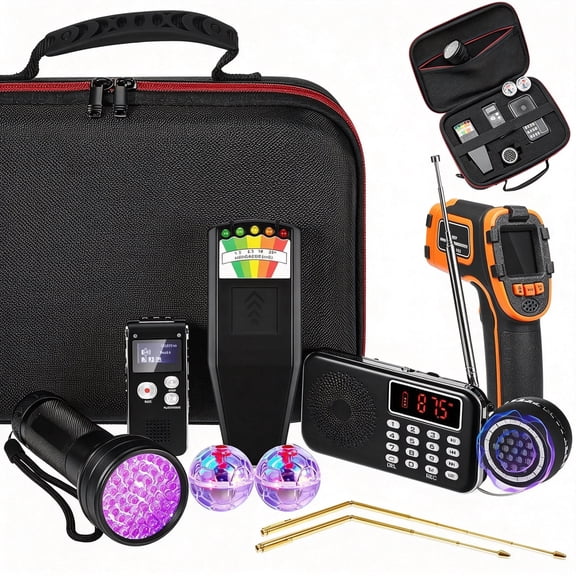 XUBIYM 11 Pcs Ghost Hunting Equipment Kit Include Ghost Radio,Electromagnetic Paranormal Radiation Detector,Evp Recorder,Uv Flashlight 2 Led Light Up Cat Balls Etc(Upgrade Temp Gun)