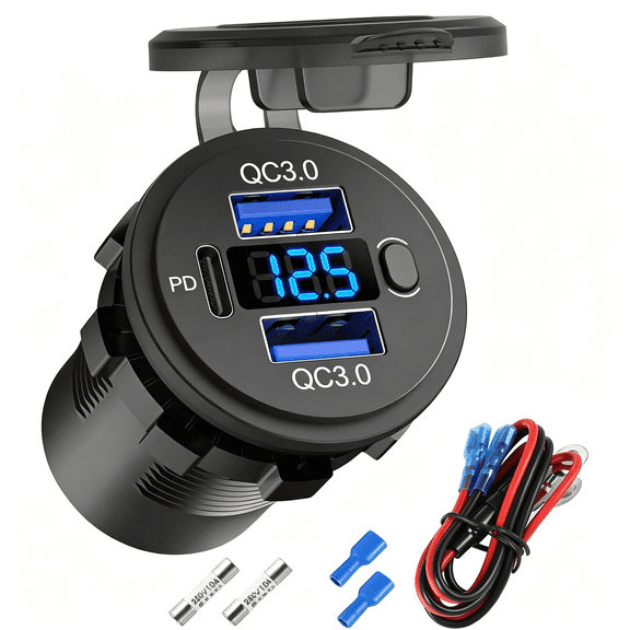 XUBIYM 12 Volt Usb Outlet Dual Quick Charge 3.0 Port and Pd3.0 Usb C Car Battery Chargers Socket,Waterproof 12V Power Outlet Cigarette Lighter Replacement Diy Kit with Voltmeter and Switch for Boat