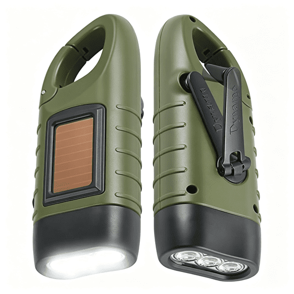 XUBIYM 2-Pack Hand Crank Solar Powered Flashlight,Emergency Rechargeable Led Survival Flashlight,Quick Snap Carbiner Dynamo Flash Light Torch for Outdoor Sports,Green