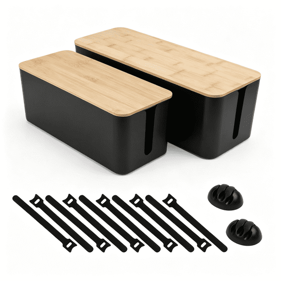 XUBIYM 2Pcs Cable Management Box-Cord Organizer Box with Wooden Lid for ...
