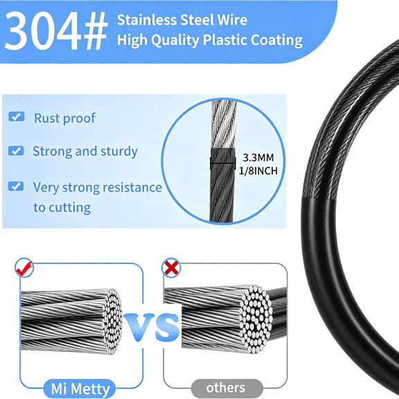 XUBIYM 3.3Mm(1/8 Inch)Outdoor Travel Security Cable-3/4/6/10/15/20/30Ft Luggage Lock Safety Wire Flexible Steel Wire Rope with Double Loop Safety for Luggage,Bike,Lock(Black*2,3Ft-(2Pack)