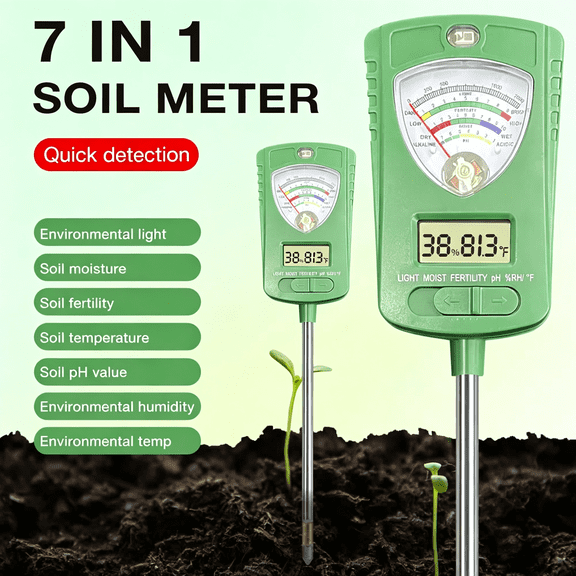 XUBIYM 7-In-1 Soil Tester for Soil Moisture Fertility Light Intensity, Soil Temp, Air Temp & Humidity, with Pointer and Lcd Display.For Garden, Farm, Lawn, Indoor/Outdoor Plant Monitoring.