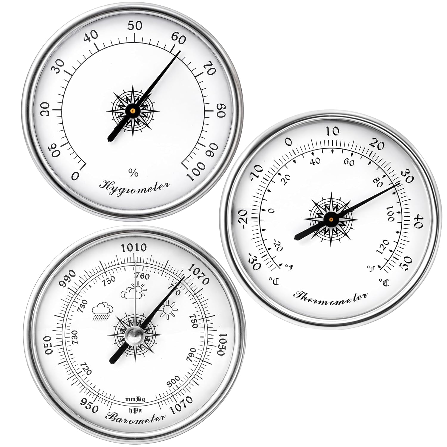 XUBIYM Analog Weather Station Barometer 3-In-1 Set Silver Dial ...