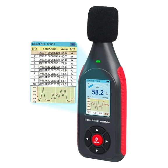 XUBIYM Decibel Meter Data Logger Digital Sound Decibel Meter Sound Level Meter 43,000 Data Record Export Rechargeable Noise Meter A/C Frequency Dc Output 3-Color Alarm Real Time Measurement