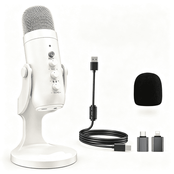 XUBIYM Podcast Microphone for Iphone Pc&Android,Noise Cancellation Mic with Gain Knob,Volume Adjustment&Mute Button,Monitor&Echo,For Asmr Podcasting Recording Youtube&Tiktok White