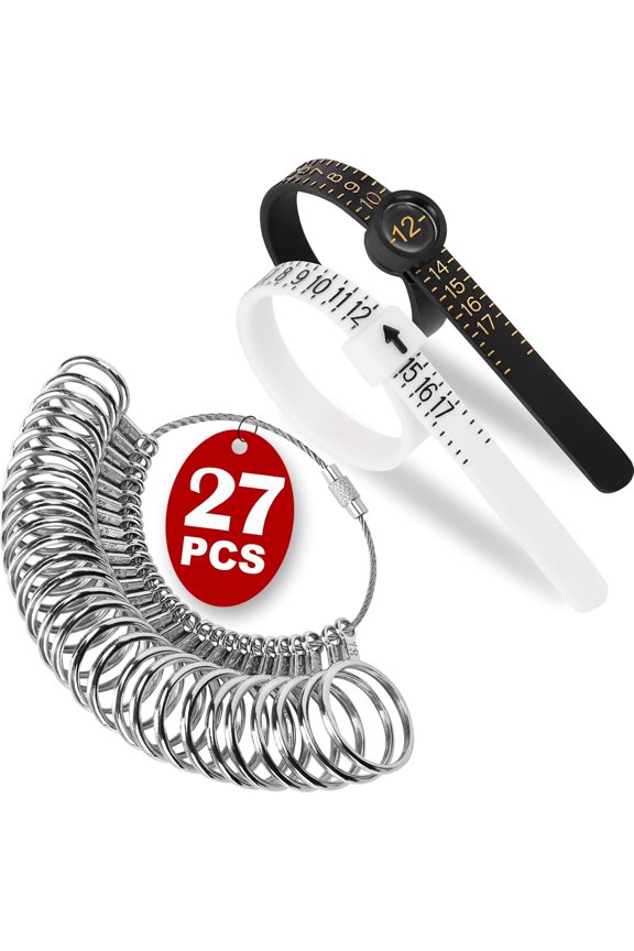 Ring Sizer Measuring Tool Kit,27 Pcs Premium Stainless Steel Measuring Ring Tool,Us Ring Size 0-13 with Half Size,2 Pcs Reusable Finger Size 1-17 Usa Rings Size with Magnified Glass