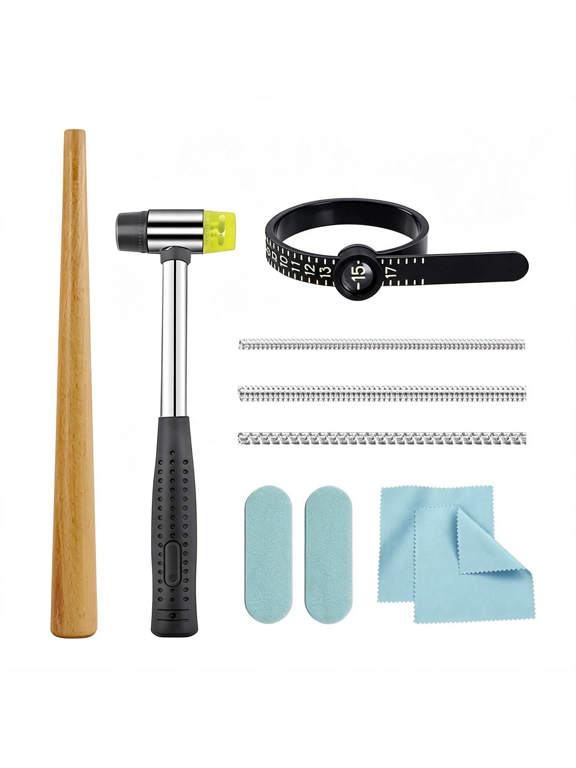 Ring Sizer Measuring Tool Ring Mandrel Sizing Kit Ring Shaper to Fix Bent Rings Fixer Rings Repair Tool Finger Size Resize Jewelers Mandrel and Hammer Ring Sizers Adjuster(Wood-10Pcs)