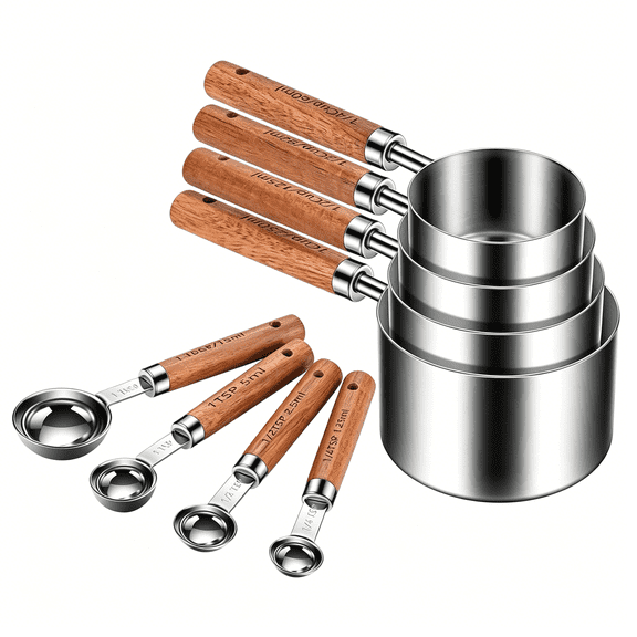 XUBIYM Wooden Handle Measuring Cups & Spoons Set 8-Piece Stainless Steel, Stackable, Rustic Farmhouse Kitchen Gadgets, Non-Toxic, Dishwasher Safe, Gift for Bakers & New Homeowners.