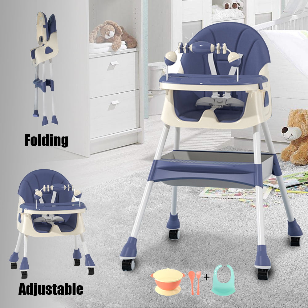 XUDREZ 4-in-1 Baby Highchair Adjustable Kid Chair Baby Dining Chairs Eat & Grow Convertible High Chair with Five-point Snap Button, Double-layer Dinner Plate and Toy Rack, Blue