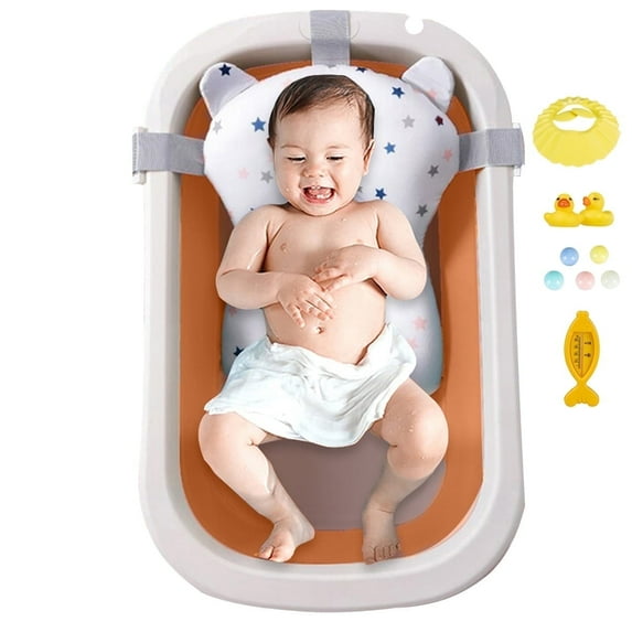 XUDREZ Foldable Baby Bathtub, Portable Travel Newborn Infants Bath Tubs, Pink+Floating Mat