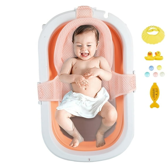 XUDREZ Foldable Baby Bathtub Travel Bathtub Newborn Tub with Support Baby Bath Seat Shower Mat to Recline or Sit up for 0-6Y Infants and Toddlers,31in, Pink+Net