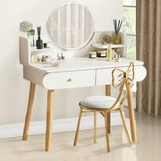 Liyufly Modern White Vanity Desk with Mirror, Solid Wood Makeup Vanity Dressing Table for Women Girls (Without Stool and LED)