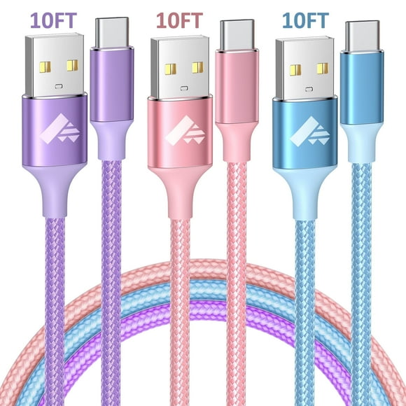 XUDUO USB C Cable, [ 3 Pack 10FT ] USB C Charger Cord Nylon Braided 3A Type C Fast Charging Cable for Samsung Galaxy S24/S23/S22/S21/S20-MultiColor