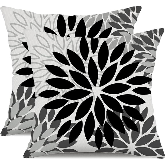 XUEHUAPIAOPIAO 12" x 20" Black & Grey Flower Linen Outdoor Waterproof Throw Pillow Covers (2 Count)