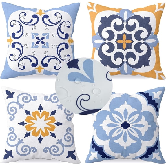 XUEHUAPIAOPIAO 16” x 16” Blue Boho Floral Oxford Cushion Covers, Soft and Durable (4 Count)