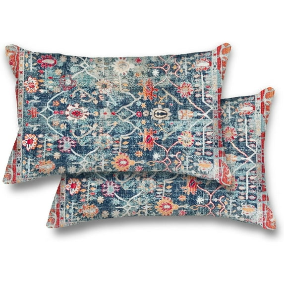 XUEHUAPIAOPIAO Boho 12” x 20” Vintage Blue Red Cotton Linen Decorative Pillow Covers, (2 Count)