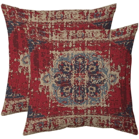 XUEHUAPIAOPIAO Boho 18” x 18” Red Vintage Floral Cotton Linen Decorative Pillow Covers, (2 Count)