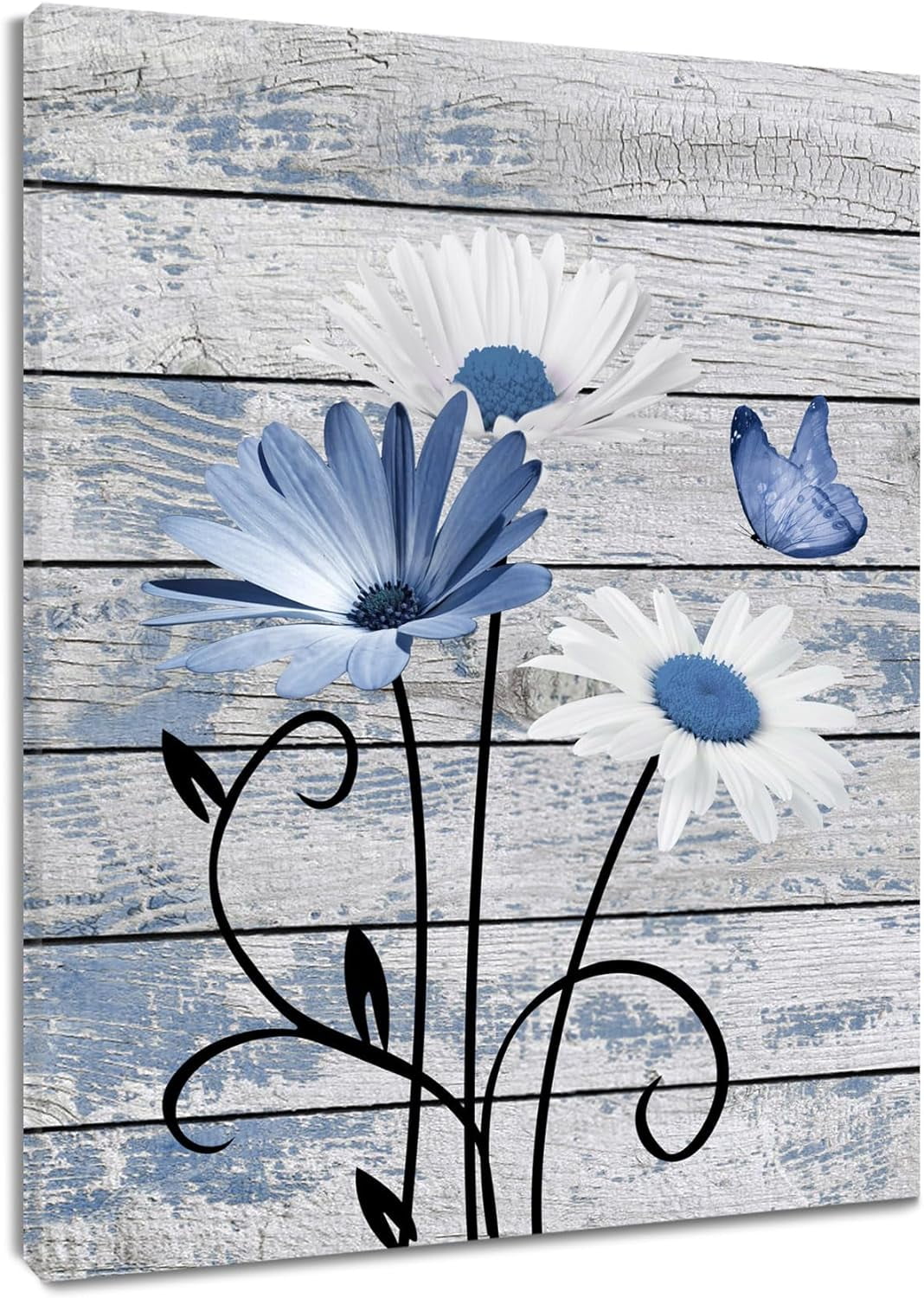 Farmhouse Floral Wall Art, Blue Daisy & Butterfly Canvas, Contemporary ...