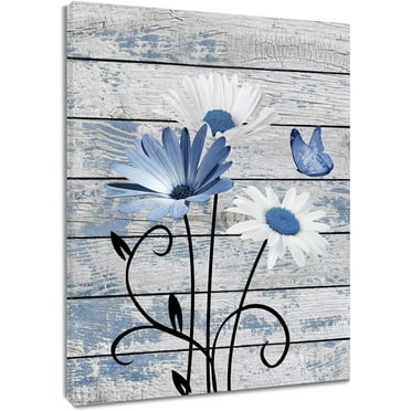 XUEHUAPIAOPIAO Daisy Flower and Butterfly on Rustic Wood Board 12" x 16" Framed Canvas Art Prints