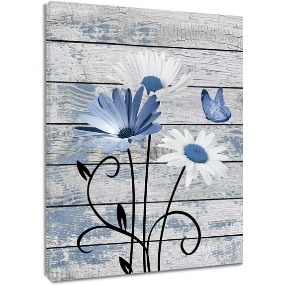 XUEHUAPIAOPIAO Daisy Flower and Butterfly on Rustic Wood Board 12" x 16" Framed Canvas Art Prints