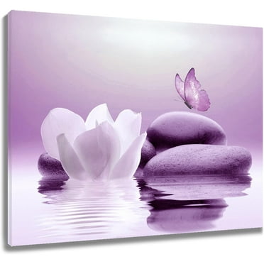 XUEHUAPIAOPIAO Water Lily and Purple Butterfly 16" x 12" Framed Canvas Art Prints
