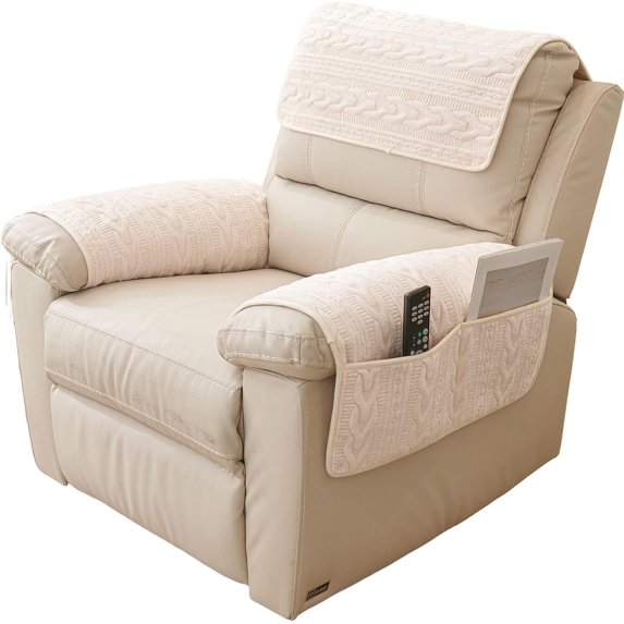 XUELC 3 Pieces Chenille Plush with Pockets Soft Fuzzy Non Slip 2 Armchair Slipcovers and 1 Headrest Protector for Recliner Leather Sofa Couch Beige
