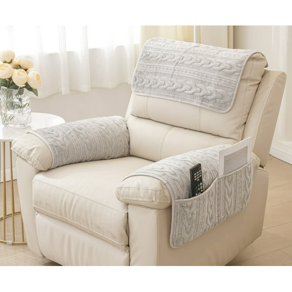 XUELC 3 Pieces Chenille Plush with Pockets Soft Fuzzy Non Slip 2 Armchair Slipcovers and 1 Headrest Protector for Recliner Leather Sofa Couch Gray