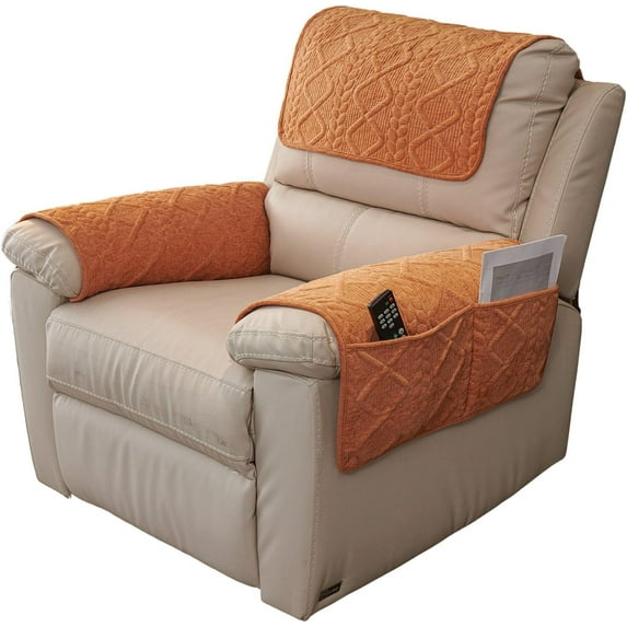 XUELC 3 Pieces Chenille Plush with Pockets Soft Fuzzy Non Slip 2 Armchair Slipcovers and 1 Headrest Protector for Recliner Leather Sofa Couch Orange